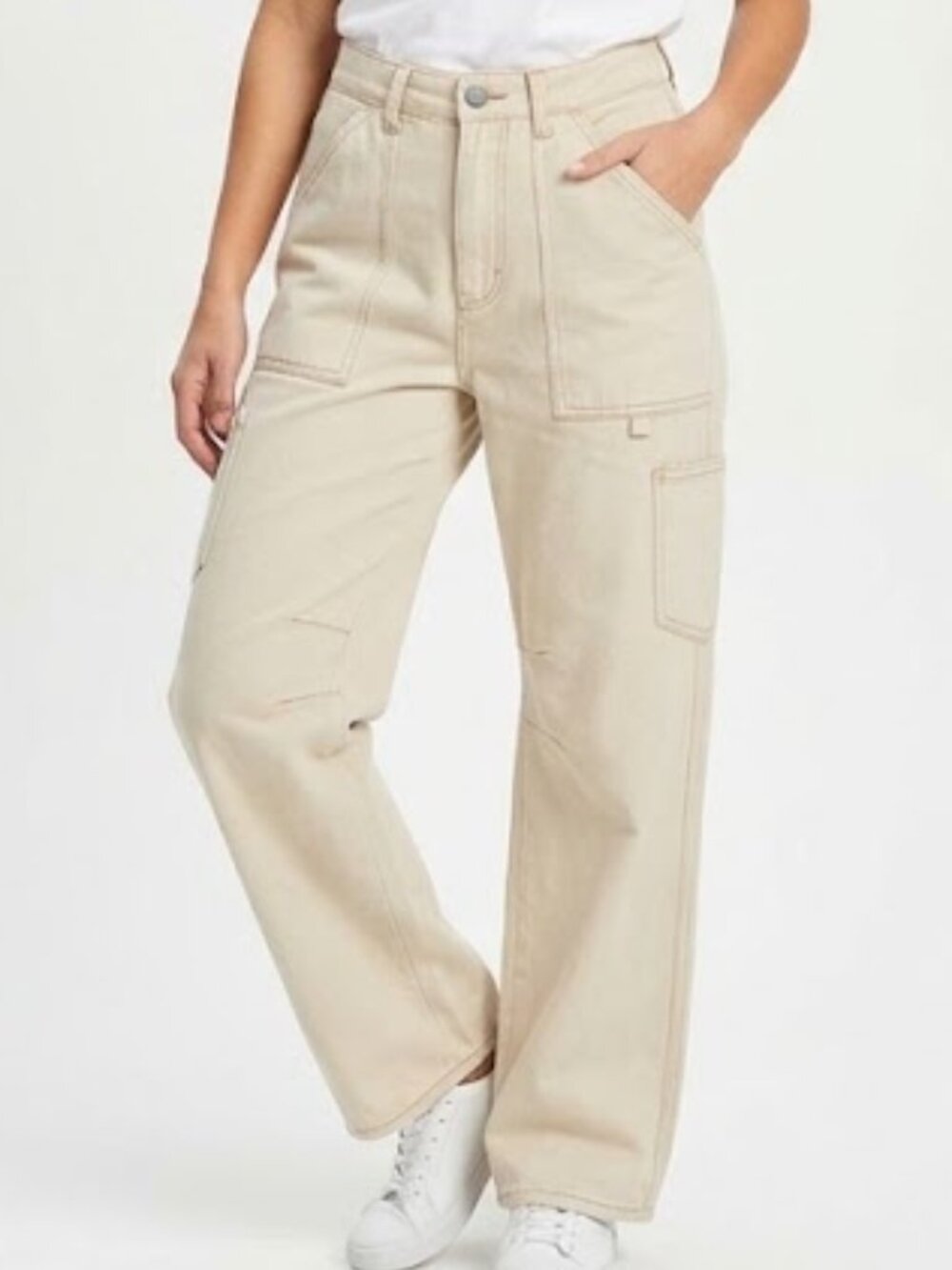 Lioness High Rise Wide Leg Carpenter Pants Women's Small Beige 100% Cotton